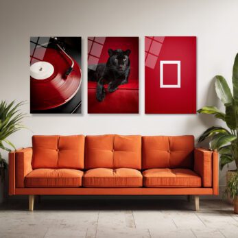 Kızıl Ritüel Üçlü Cam Tablo Seti: Plak, Panter ve Minimalist Sanat Üçlü Set - Glazella Kızıl Ritüel Üçlü Cam Tablo Seti: Plak, Panter ve Minimalist Sanat Üçlü Set - Glazella