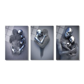 Aşkın Metal Dansı: Modern Sarılma Üçlü Cam Tablo Seti Üçlü Set