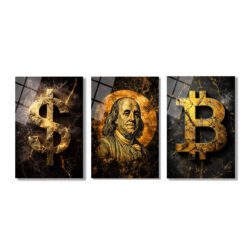 Finansın Yükselişi: Bitcoin, Dolar, Franklin Portre Cam Tablo Seti Üçlü Set Duvar Dekoru Finansın Yükselişi: Bitcoin, Dolar, Franklin Portre Cam Tablo Seti Üçlü Set