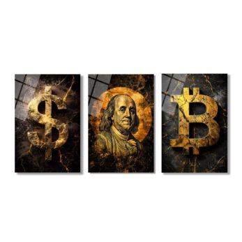 Finansın Yükselişi: Bitcoin, Dolar, Franklin Portre Cam Tablo Seti Üçlü Set
