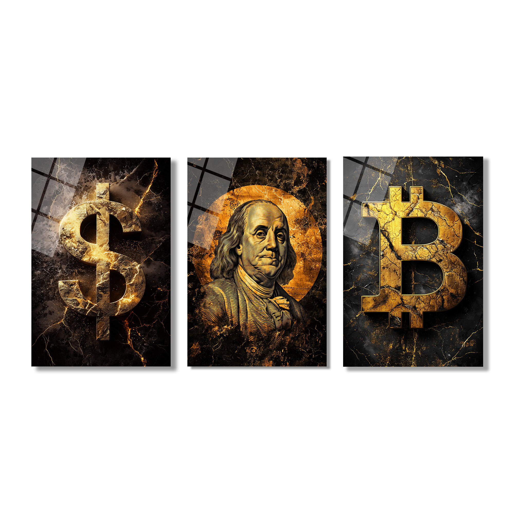 Finansın Yükselişi: Bitcoin, Dolar, Franklin Portre Cam Tablo Seti Üçlü Set Duvar Dekoru Finansın Yükselişi: Bitcoin, Dolar, Franklin Portre Cam Tablo Seti Üçlü Set