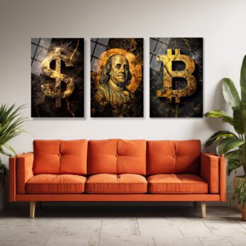 Finansın Yükselişi: Bitcoin, Dolar, Franklin Portre Cam Tablo Seti Üçlü Set - Glazella