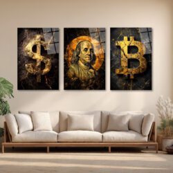 Finansın Yükselişi: Bitcoin, Dolar, Franklin Portre Cam Tablo Seti Üçlü Set Duvar Dekoru Finansın Yükselişi: Bitcoin, Dolar, Franklin Portre Cam Tablo Seti Üçlü Set