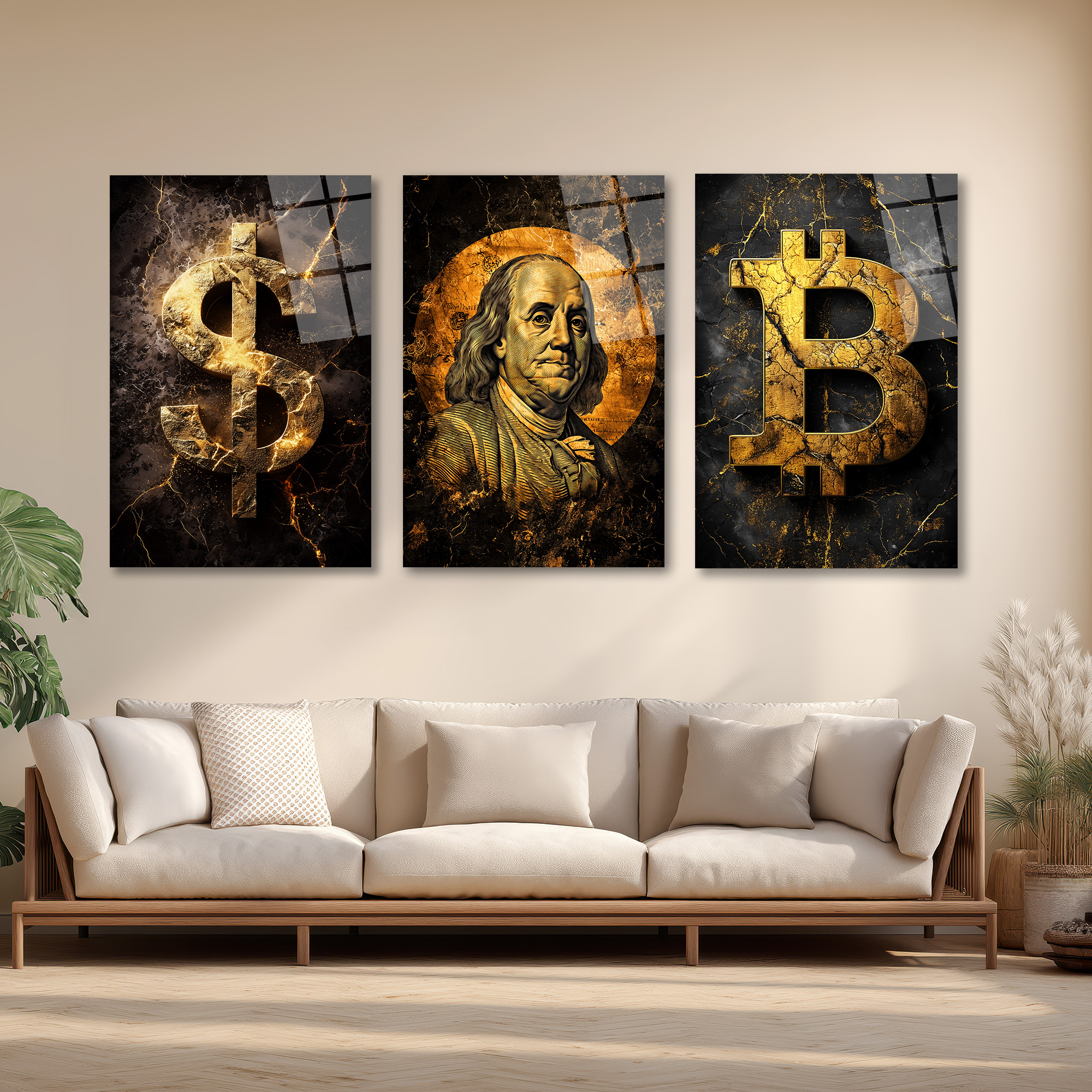 Finansın Yükselişi: Bitcoin, Dolar, Franklin Portre Cam Tablo Seti Üçlü Set Duvar Dekoru Finansın Yükselişi: Bitcoin, Dolar, Franklin Portre Cam Tablo Seti Üçlü Set