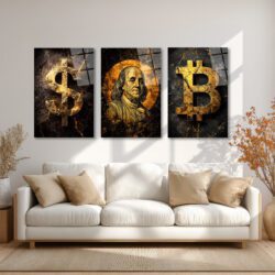 Finansın Yükselişi: Bitcoin, Dolar, Franklin Portre Cam Tablo Seti Üçlü Set Duvar Dekoru Finansın Yükselişi: Bitcoin, Dolar, Franklin Portre Cam Tablo Seti Üçlü Set