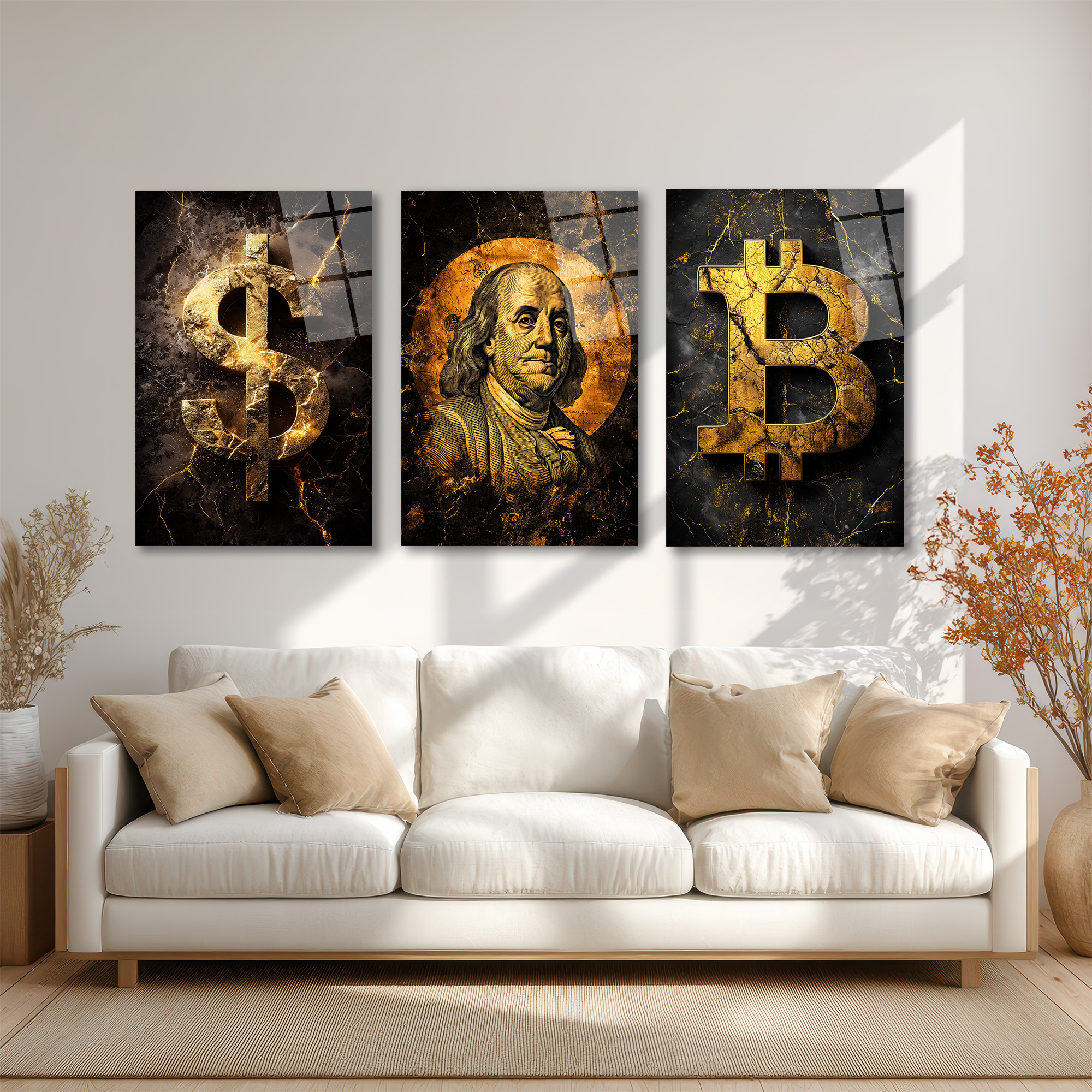 Finansın Yükselişi: Bitcoin, Dolar, Franklin Portre Cam Tablo Seti Üçlü Set Duvar Dekoru Finansın Yükselişi: Bitcoin, Dolar, Franklin Portre Cam Tablo Seti Üçlü Set