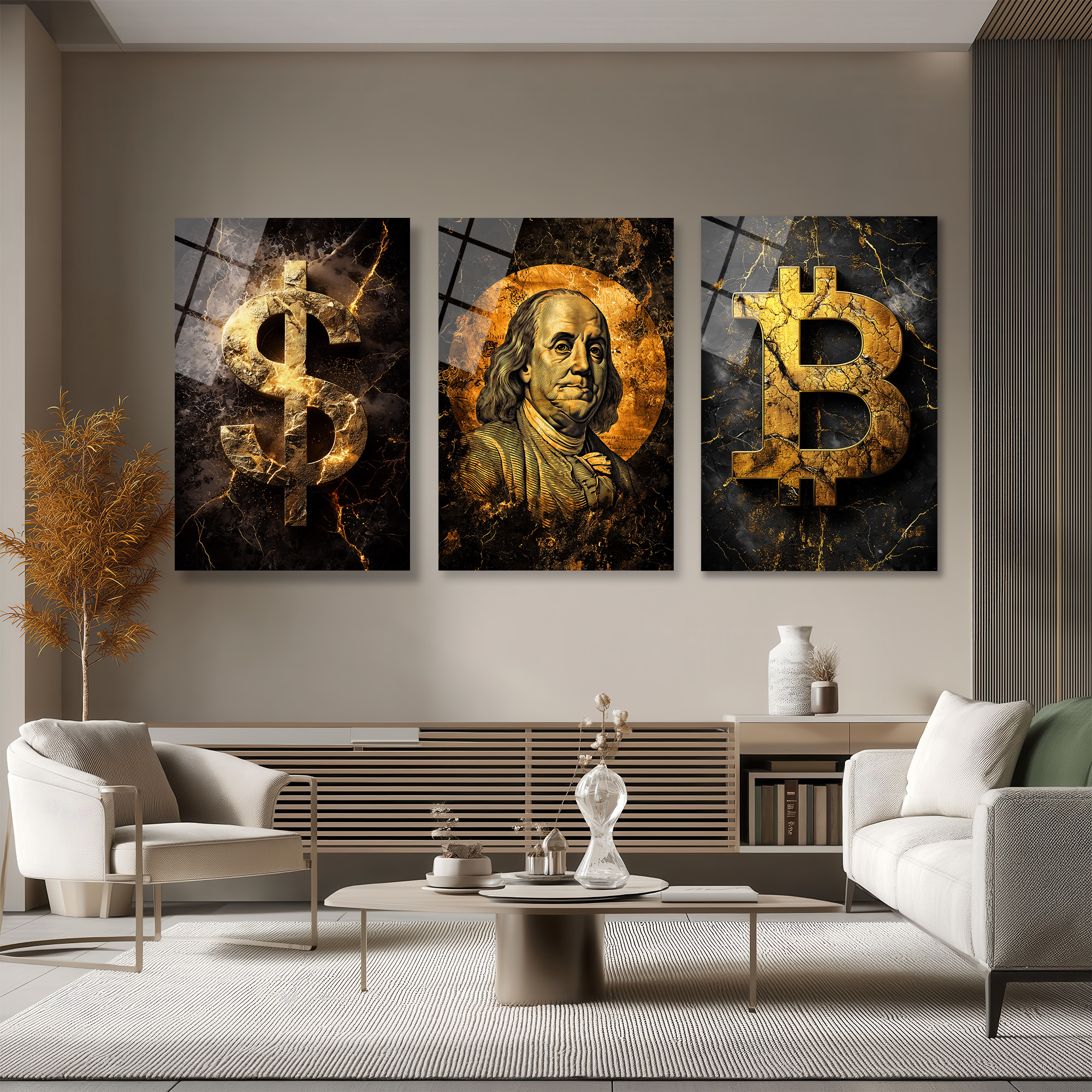 Finansın Yükselişi: Bitcoin, Dolar, Franklin Portre Cam Tablo Seti Üçlü Set Duvar Dekoru Finansın Yükselişi: Bitcoin, Dolar, Franklin Portre Cam Tablo Seti Üçlü Set