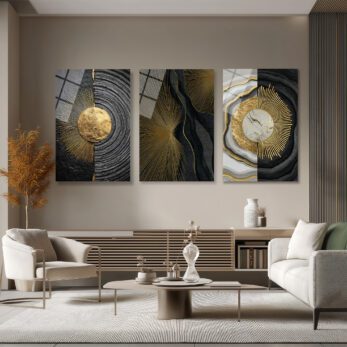 Altın Işıltılı Modern Soyut Cam Tablo Seti - 3 Parça Lüks Duvar Sanatı Üçlü Set - Glazella