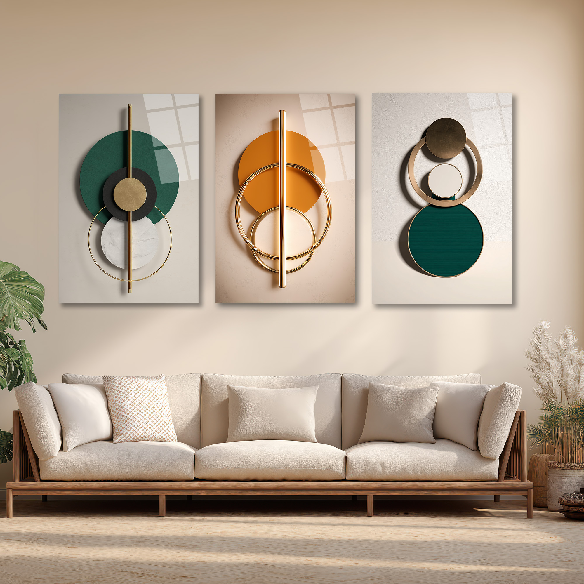 Modern Geometrik Soyut Tasarım Cam Tablo Üçlü Set Duvar Dekoru Modern Geometrik Soyut Tasarım Cam Tablo Üçlü Set