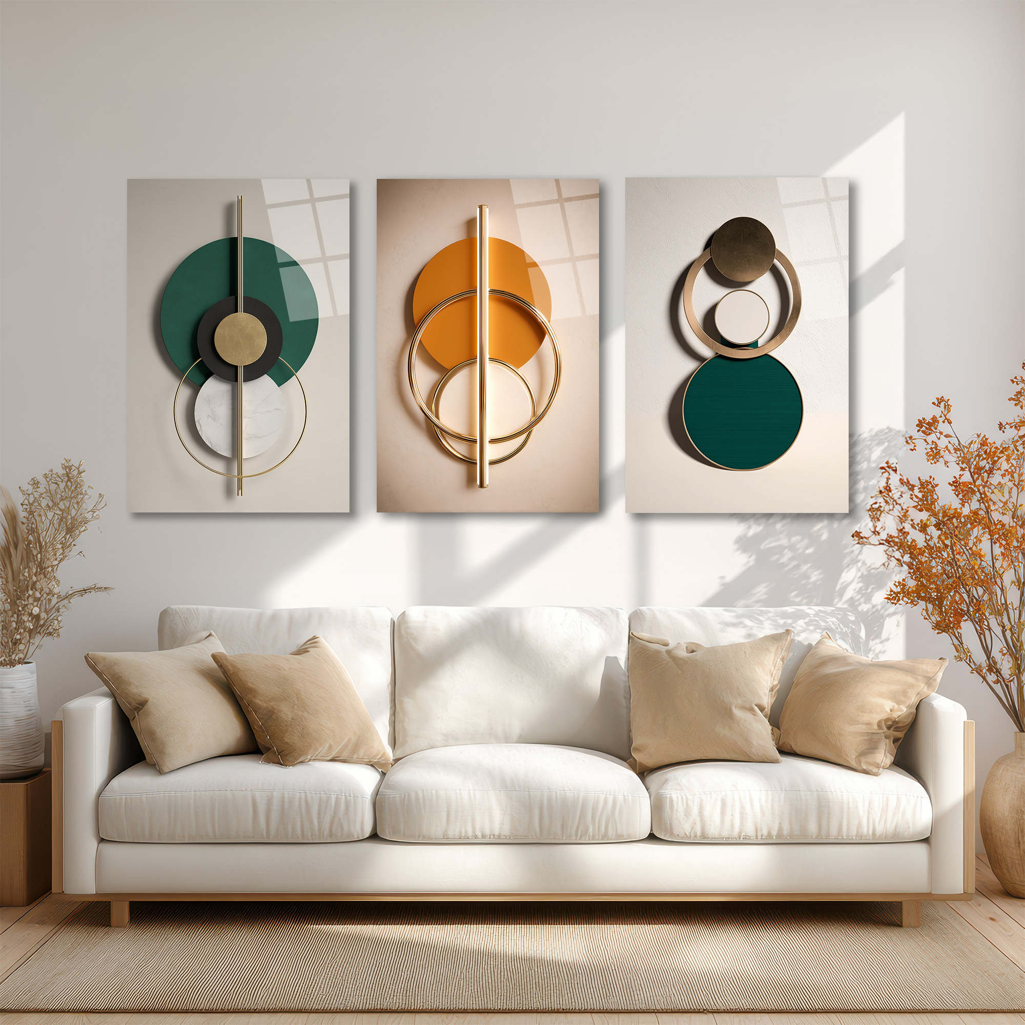 Modern Geometrik Soyut Tasarım Cam Tablo Üçlü Set Duvar Dekoru Modern Geometrik Soyut Tasarım Cam Tablo Üçlü Set