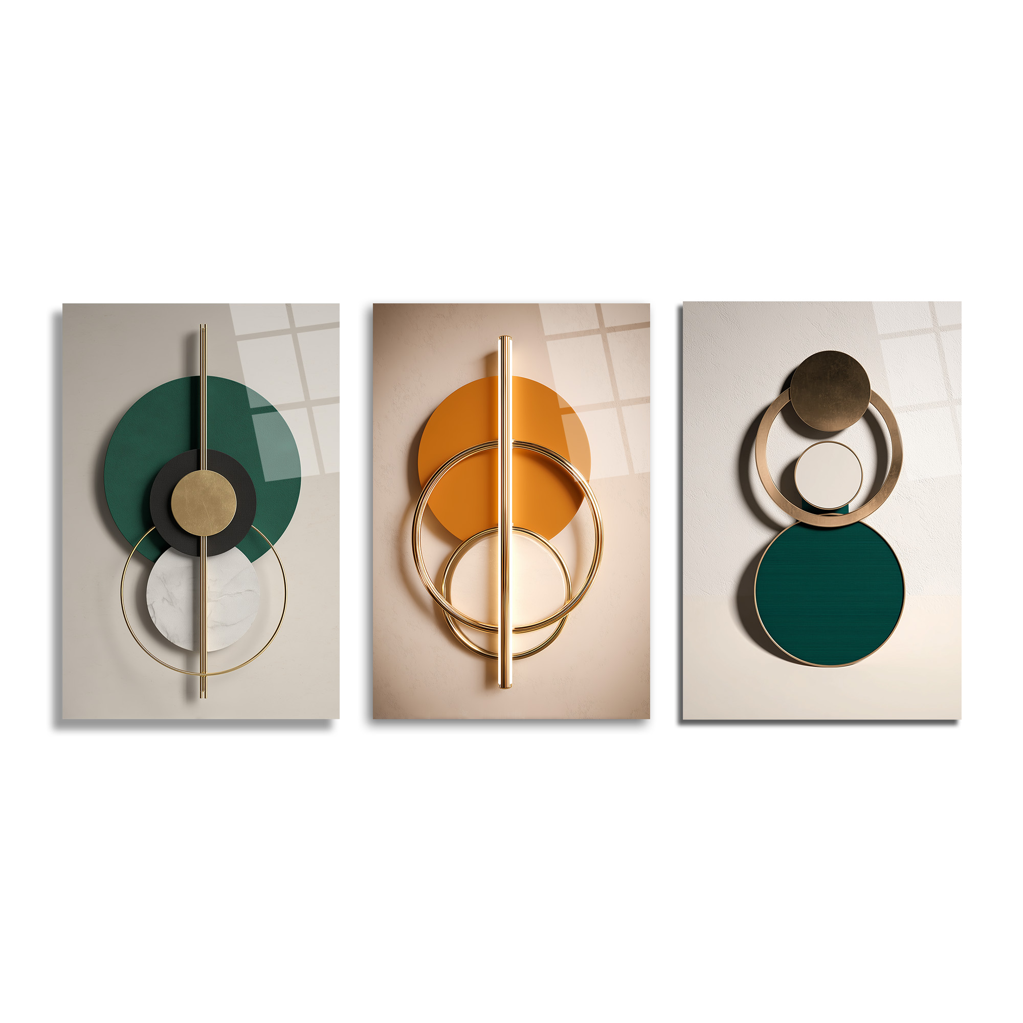 Modern Geometrik Soyut Tasarım Cam Tablo Üçlü Set Duvar Dekoru Üç parçalı modern cam tablo seti. Her bir tabloda yeşil, turuncu, bronz, siyah ve beyaz renklerde geometrik daireler ve altın metalik çubuklar ile halkalar soyut bir kompozisyon oluşturuyor.