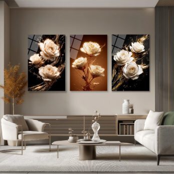 Lüks Altın Sıçramalı Beyaz Güller Cam Tablo Seti Üçlü Set - Glazella Lüks Altın Sıçramalı Beyaz Güller Cam Tablo Seti Üçlü Set - Glazella