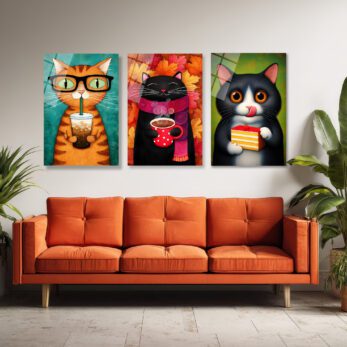 Sevimli Kediler Temalı 3'lü Cam Tablo Seti - Modern Duvar Sanatı Üçlü Set - Glazella Sevimli Kediler Temalı 3'lü Cam Tablo Seti - Modern Duvar Sanatı Üçlü Set - Glazella