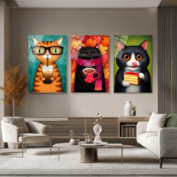 Sevimli Kediler Temalı 3'lü Cam Tablo Seti - Modern Duvar Sanatı Üçlü Set Duvar Dekoru Sevimli Kediler Temalı 3'lü Cam Tablo Seti - Modern Duvar Sanatı Üçlü Set