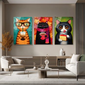 Sevimli Kediler Temalı 3'lü Cam Tablo Seti - Modern Duvar Sanatı Üçlü Set - Glazella Sevimli Kediler Temalı 3'lü Cam Tablo Seti - Modern Duvar Sanatı Üçlü Set - Glazella