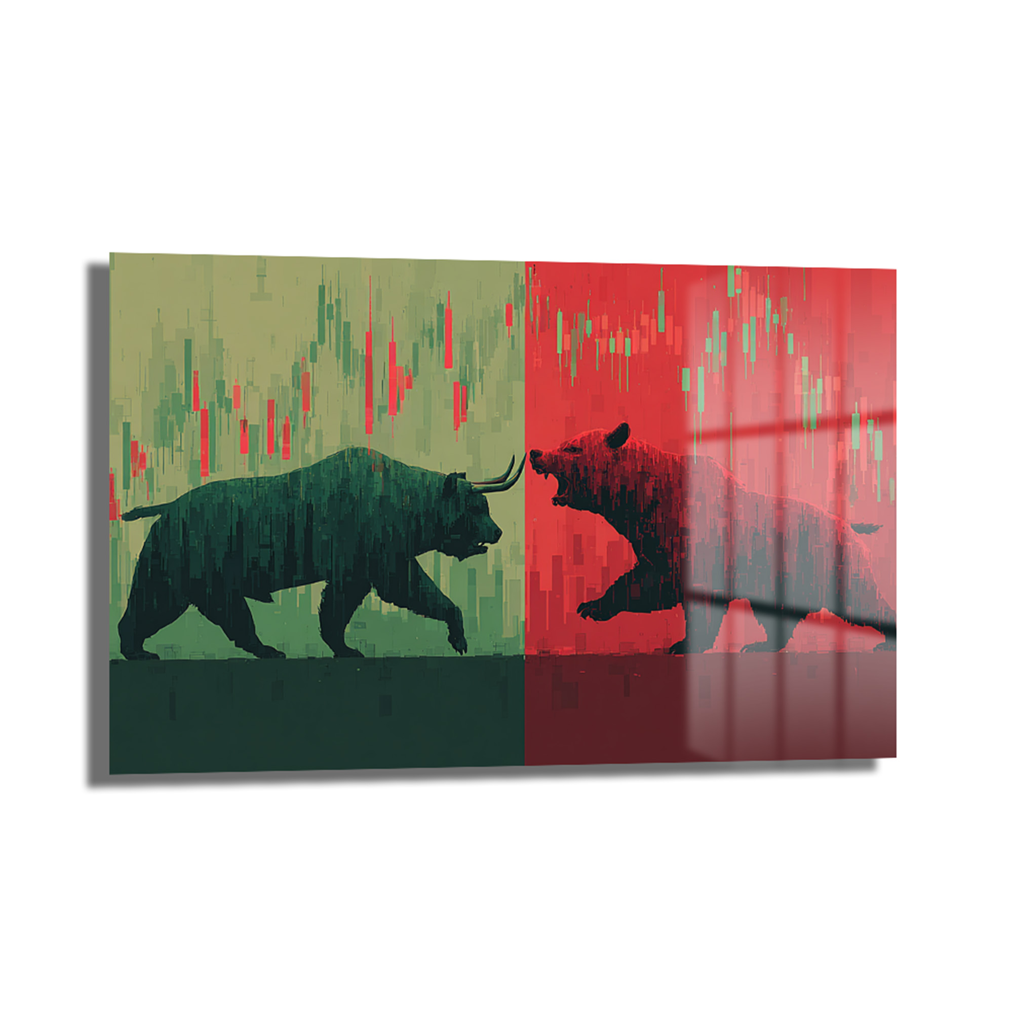 Borsa Boğa ve Ayı Mücadelesi Modern Cam Tablo Duvar Dekoru Borsa piyasalarını simgeleyen, yeşil ve kırmızı zeminlerde boğa ile ayının karşı karşıya geldiği, mum grafikleriyle süslenmiş dijital sanat cam tablo.