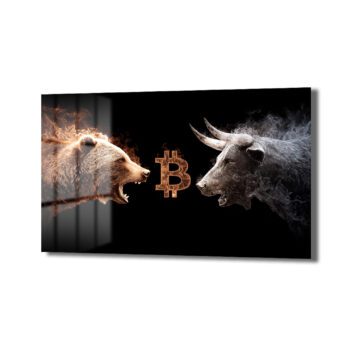 Bitcoin Boğa ve Ayı Savaşı Cam Tablo - Kripto Sanatı ve Piyasa Dinamiği - Glazella