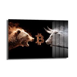 Bitcoin Boğa ve Ayı Savaşı Cam Tablo - Kripto Sanatı ve Piyasa Dinamiği Duvar Dekoru Bitcoin Boğa ve Ayı Savaşı Cam Tablo - Kripto Sanatı ve Piyasa Dinamiği