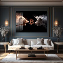 Bitcoin Boğa ve Ayı Savaşı Cam Tablo - Kripto Sanatı ve Piyasa Dinamiği Duvar Dekoru Bitcoin Boğa ve Ayı Savaşı Cam Tablo - Kripto Sanatı ve Piyasa Dinamiği