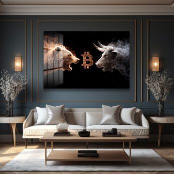 Bitcoin Boğa ve Ayı Savaşı Cam Tablo - Kripto Sanatı ve Piyasa Dinamiği - Glazella Bitcoin Boğa ve Ayı Savaşı Cam Tablo - Kripto Sanatı ve Piyasa Dinamiği - Glazella