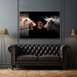 Bitcoin Boğa ve Ayı Savaşı Cam Tablo - Kripto Sanatı ve Piyasa Dinamiği Duvar Dekoru Bitcoin Boğa ve Ayı Savaşı Cam Tablo - Kripto Sanatı ve Piyasa Dinamiği