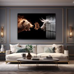 Bitcoin Boğa ve Ayı Savaşı Cam Tablo - Kripto Sanatı ve Piyasa Dinamiği Duvar Dekoru Bitcoin Boğa ve Ayı Savaşı Cam Tablo - Kripto Sanatı ve Piyasa Dinamiği