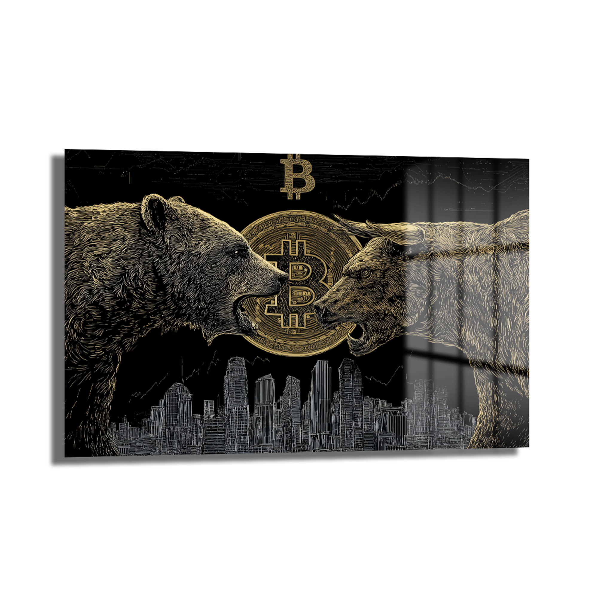Boğa ve Ayı Bitcoin Kripto Piyasası Cam Tablo Duvar Dekoru Boğa ve Ayı Bitcoin Kripto Piyasası Cam Tablo