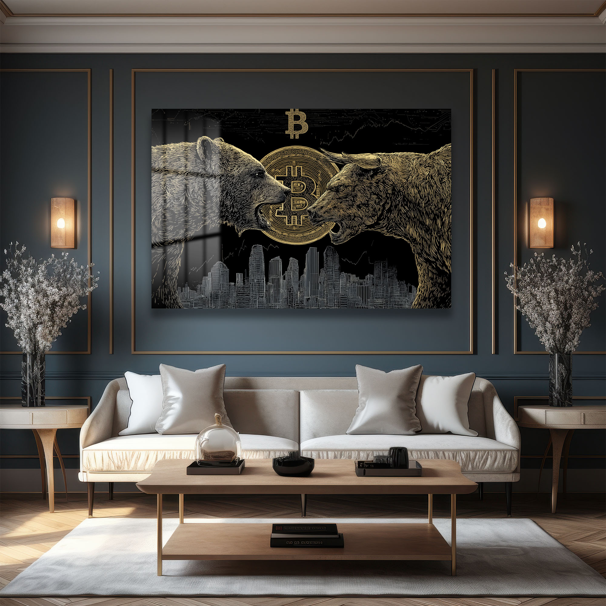 Boğa ve Ayı Bitcoin Kripto Piyasası Cam Tablo Duvar Dekoru Boğa ve Ayı Bitcoin Kripto Piyasası Cam Tablo
