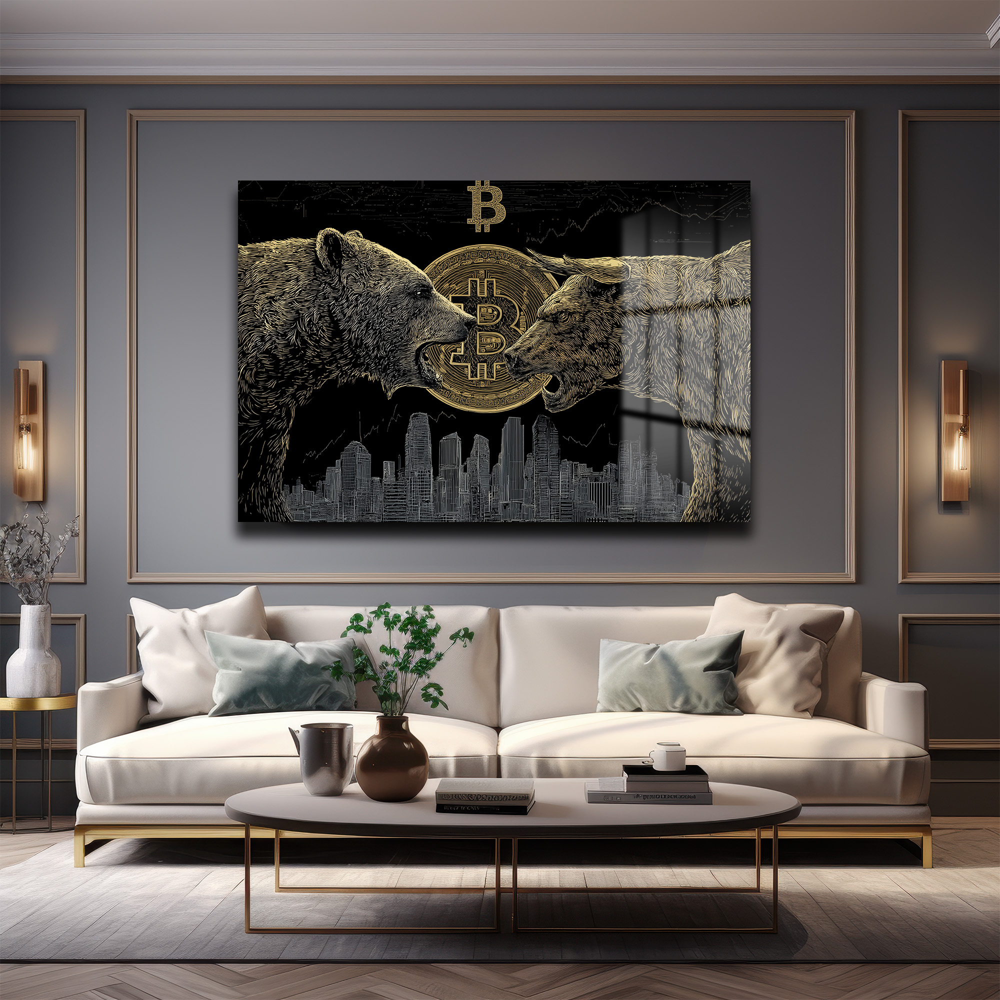 Boğa ve Ayı Bitcoin Kripto Piyasası Cam Tablo Duvar Dekoru Boğa ve Ayı Bitcoin Kripto Piyasası Cam Tablo