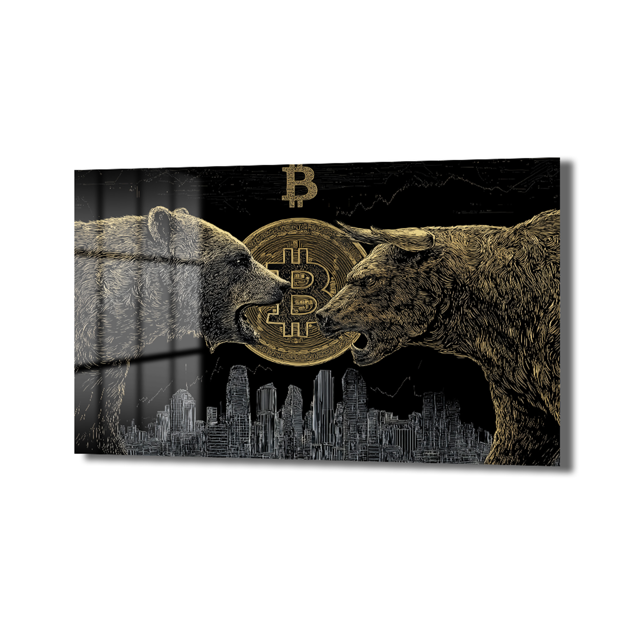 Boğa ve Ayı Bitcoin Kripto Piyasası Cam Tablo Duvar Dekoru Kripto para piyasasının sembolleri olan altın rengi boğa ve ayı figürlerinin, ortalarında büyük bir Bitcoin logosu ve arkalarında şehir silueti ile karşı karşıya geldiği, siyah zemin üzerine işlenmiş modern bir cam tablo.