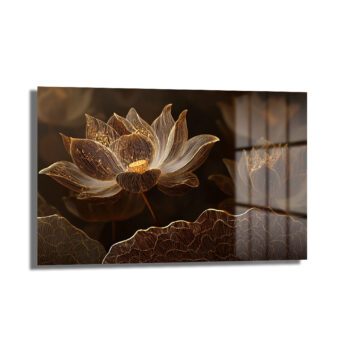 Işıltılı Altın Lotus Çiçekleri Cam Tablo - Zarafet ve Huzur