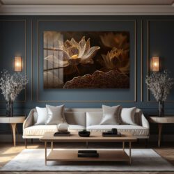 Işıltılı Altın Lotus Çiçekleri Cam Tablo - Zarafet ve Huzur Duvar Dekoru Işıltılı Altın Lotus Çiçekleri Cam Tablo - Zarafet ve Huzur