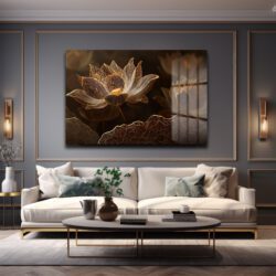 Işıltılı Altın Lotus Çiçekleri Cam Tablo - Zarafet ve Huzur Duvar Dekoru Işıltılı Altın Lotus Çiçekleri Cam Tablo - Zarafet ve Huzur