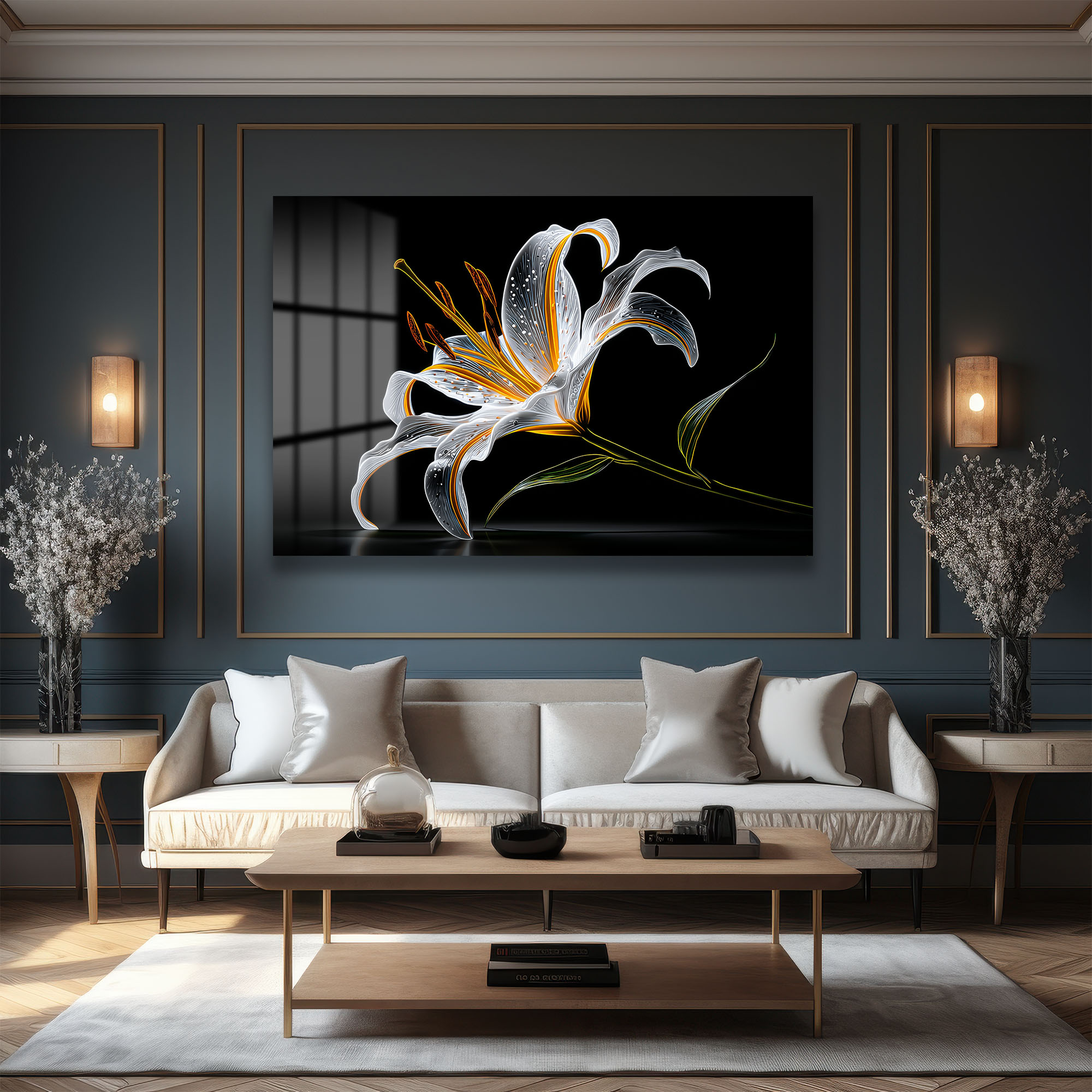 Büyüleyici Işıltılı Zambak Çiçeği Modern Cam Tablo Duvar Dekoru Büyüleyici Işıltılı Zambak Çiçeği Modern Cam Tablo