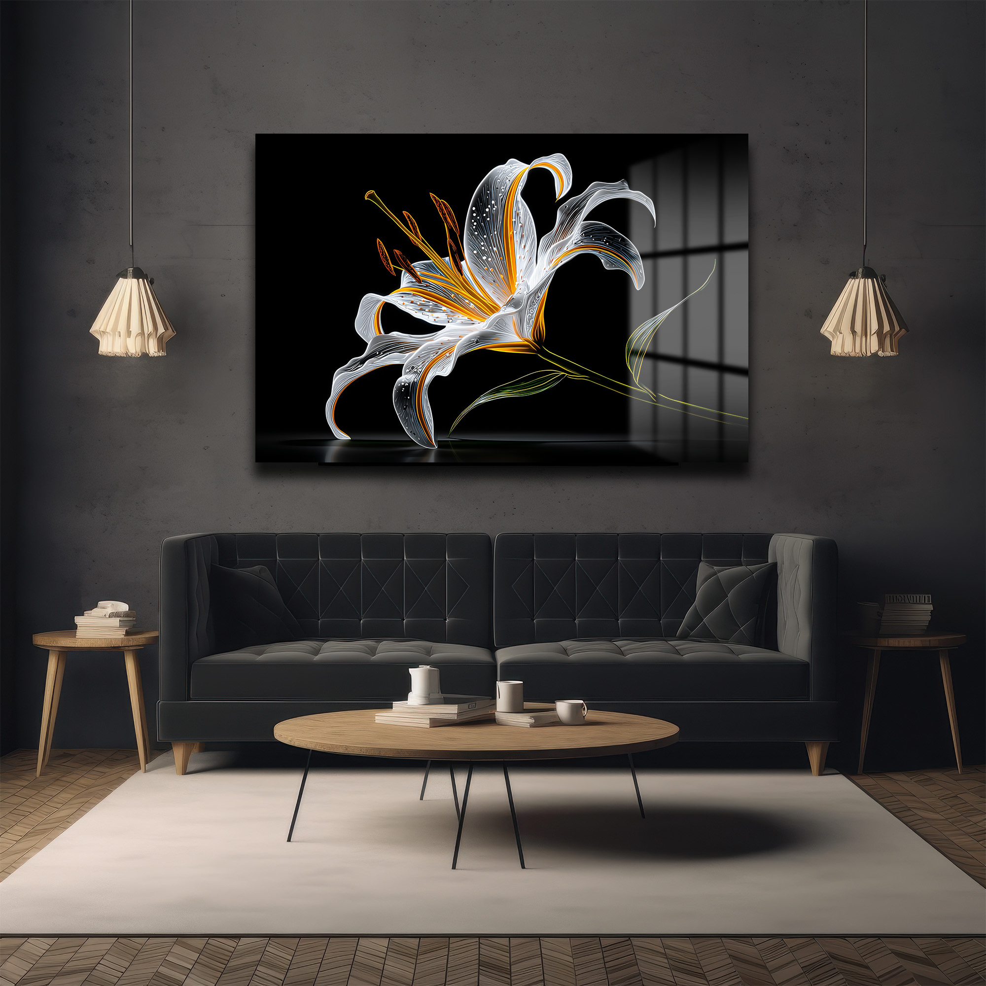 Büyüleyici Işıltılı Zambak Çiçeği Modern Cam Tablo Duvar Dekoru Büyüleyici Işıltılı Zambak Çiçeği Modern Cam Tablo
