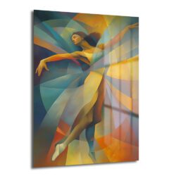 Hareket halindeki bir dansçıyı geometrik ve soyut renk bloklarıyla gösteren, sarı, mavi ve turuncu tonlarında modern temperli cam tablo, salon duvar dekorasyonu için ideal.