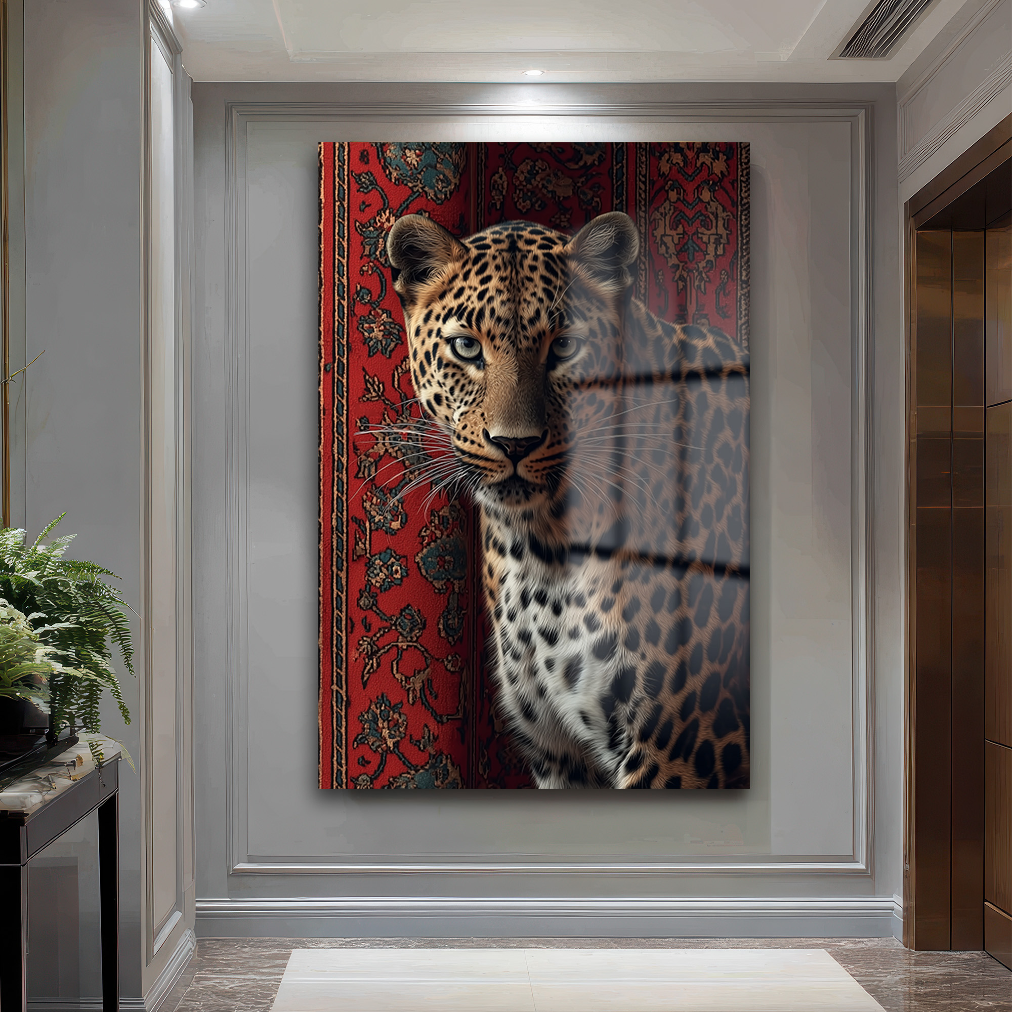 Gizemli Leopar ve Kırmızı Halı: Asil Bakışlı Dekoratif Cam Tablo Duvar Dekoru Gizemli Leopar ve Kırmızı Halı: Asil Bakışlı Dekoratif Cam Tablo