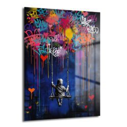 Karanlık arka planda salıncakta sallanan bir çocuğu ve üzerinde renkli, damlayan graffiti kalplerini gösteren modern temperli cam tablo, salon duvar dekorasyonu için ideal.