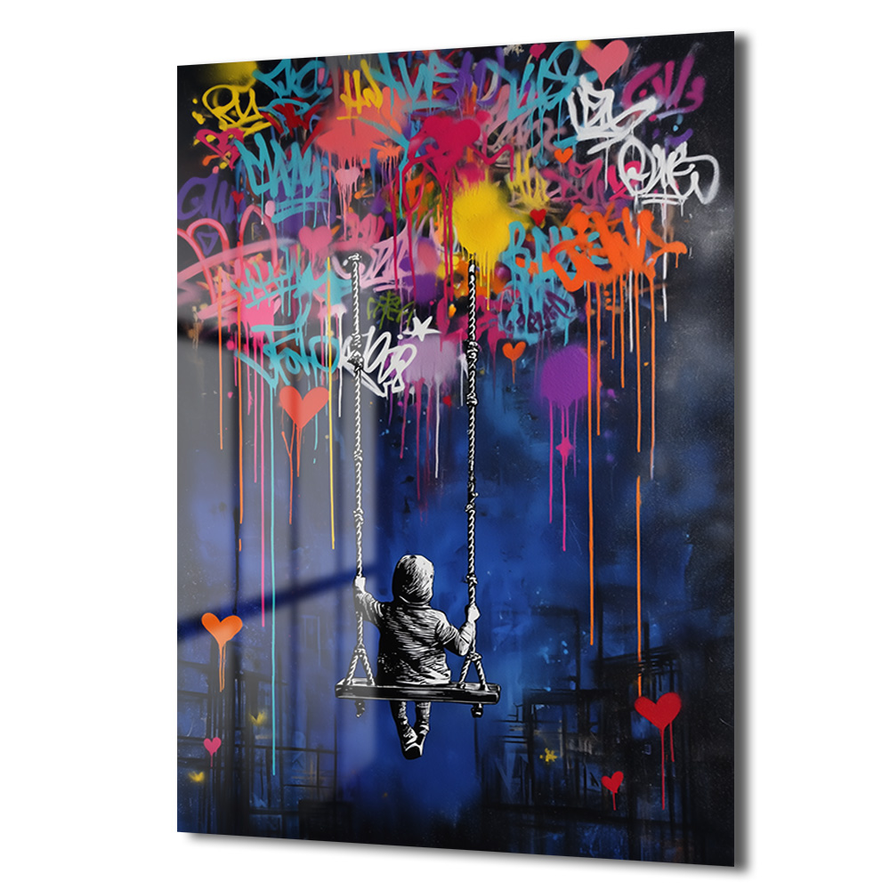 Hayallerin Salıncağı: Enerjik Graffiti Sanatı Temperli Cam Tablo - Glazella Hayallerin Salıncağı: Enerjik Graffiti Sanatı Temperli Cam Tablo - Glazella