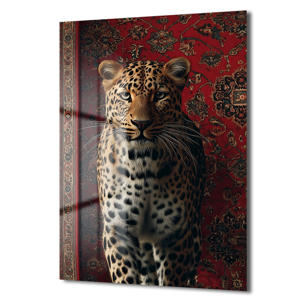 Asil Leopar ve Kırmızı Halı: Modern Dekoratif Temperli Cam Tablo Duvar Dekoru Asil Leopar ve Kırmızı Halı: Modern Dekoratif Temperli Cam Tablo