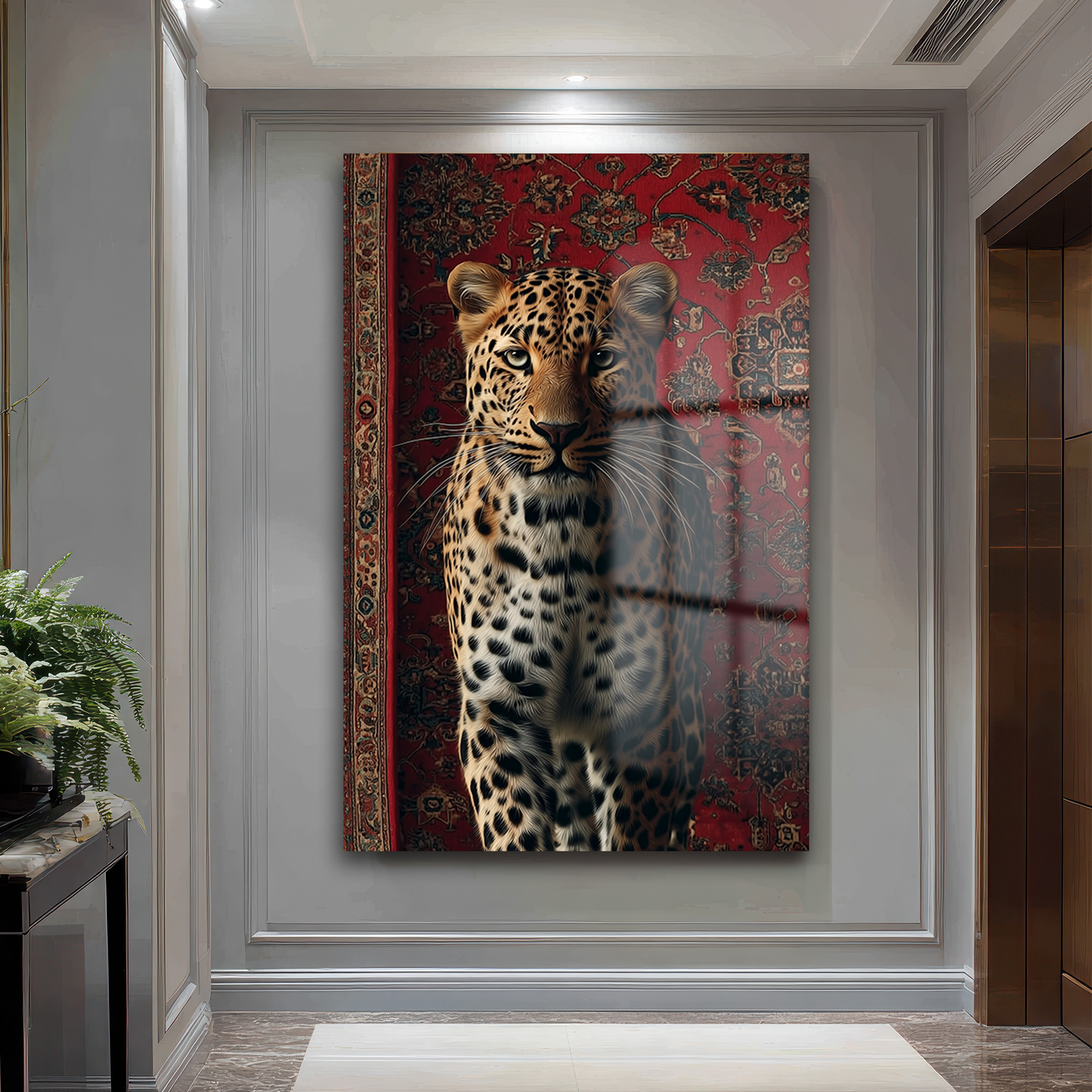Asil Leopar ve Kırmızı Halı: Modern Dekoratif Temperli Cam Tablo Duvar Dekoru Asil Leopar ve Kırmızı Halı: Modern Dekoratif Temperli Cam Tablo