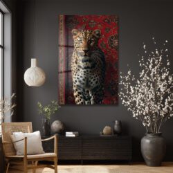Asil Leopar ve Kırmızı Halı: Modern Dekoratif Temperli Cam Tablo Duvar Dekoru Asil Leopar ve Kırmızı Halı: Modern Dekoratif Temperli Cam Tablo