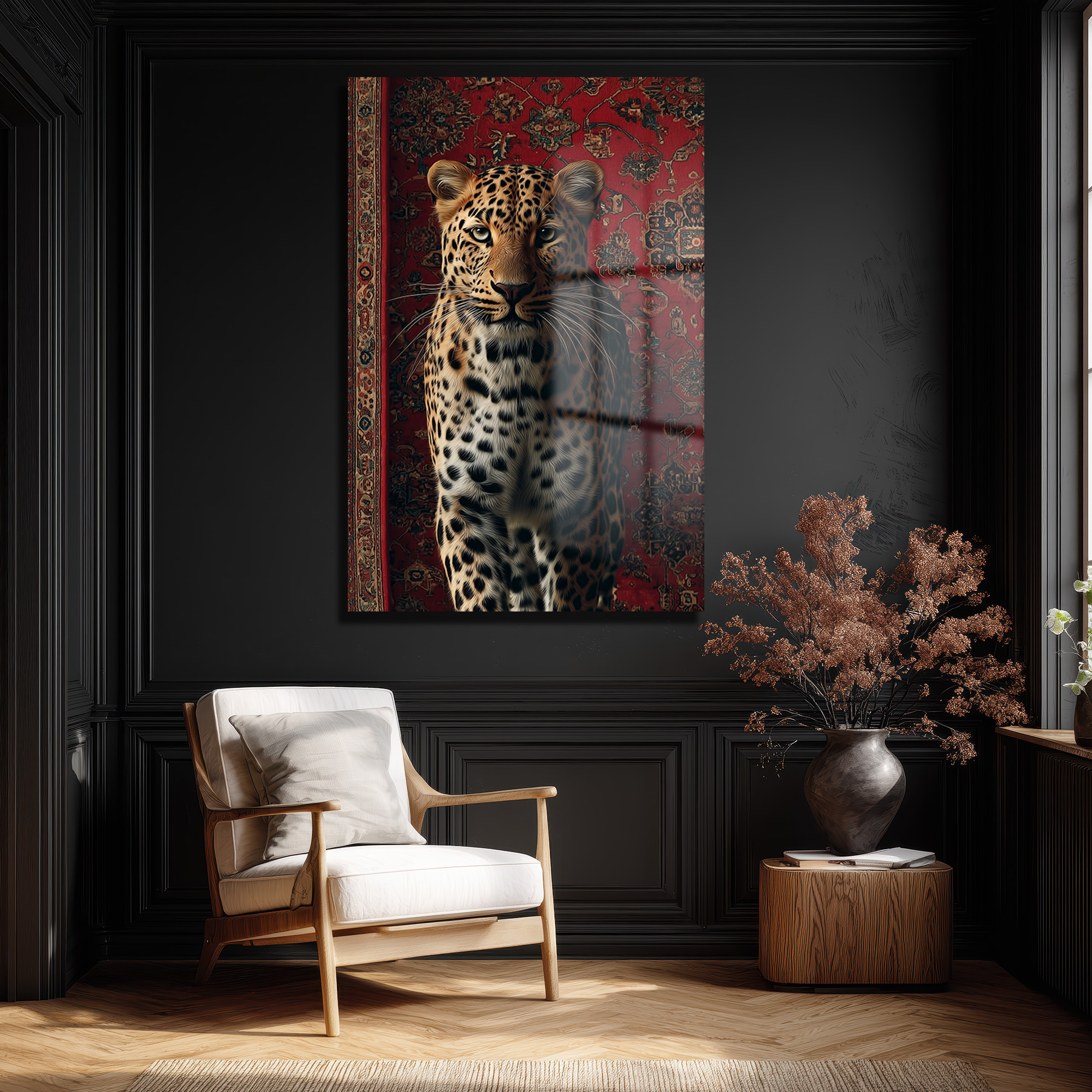 Asil Leopar ve Kırmızı Halı: Modern Dekoratif Temperli Cam Tablo Duvar Dekoru Asil Leopar ve Kırmızı Halı: Modern Dekoratif Temperli Cam Tablo