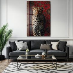 Asil Leopar ve Kırmızı Halı: Modern Dekoratif Temperli Cam Tablo Duvar Dekoru Asil Leopar ve Kırmızı Halı: Modern Dekoratif Temperli Cam Tablo