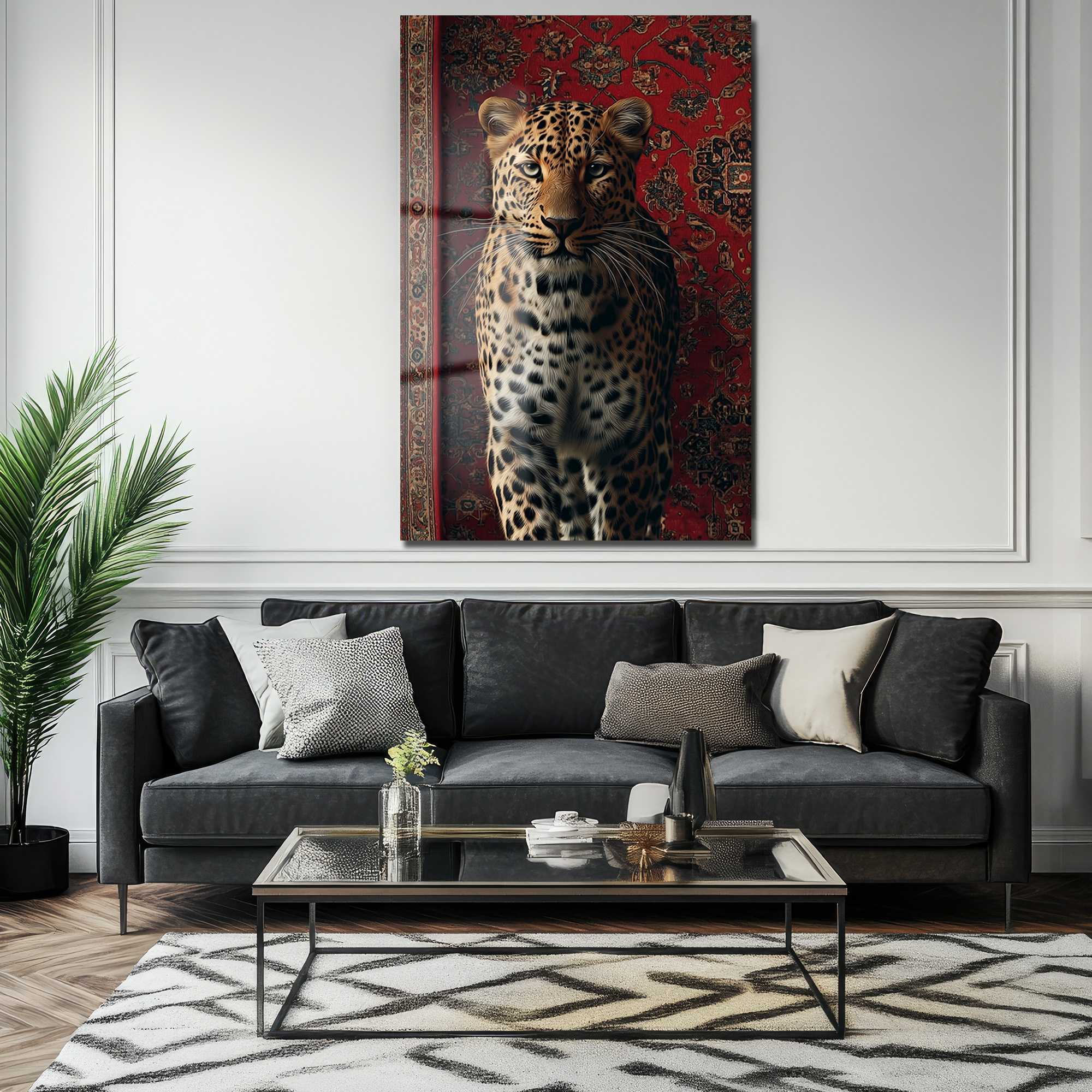 Asil Leopar ve Kırmızı Halı: Modern Dekoratif Temperli Cam Tablo Duvar Dekoru Asil Leopar ve Kırmızı Halı: Modern Dekoratif Temperli Cam Tablo