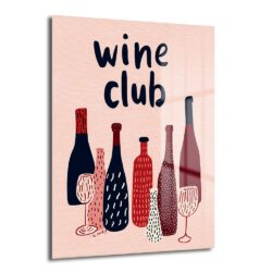 Wine Club Modern Cam Tablo: Keyifli Anların Dekoratif Yansıması Duvar Dekoru Pembe arka planda 'wine club' yazısı ve stilize şarap şişeleri, kadehleri bulunan modern temperli cam tablo, mutfak ve salon dekorasyonu için ideal.