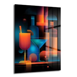 Siyah zeminde neon turuncu ve elektrik mavisi tonlarında soyut kokteyl bardakları ve şişeler içeren modern temperli cam tablo, bar ve salon dekorasyonu için ideal.