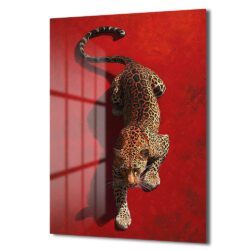 Kızıl Takip: Güçlü Leopar Temalı Dekoratif Cam Tablo Duvar Dekoru Kızıl Takip: Güçlü Leopar Temalı Dekoratif Cam Tablo
