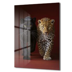 Vahşi Zarafet: Kara Panter ve Leopar Temperli Cam Tablo Duvar Dekoru Vahşi Zarafet: Kara Panter ve Leopar Temperli Cam Tablo