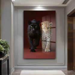 Vahşi Zarafet: Kara Panter ve Leopar Temperli Cam Tablo Duvar Dekoru Vahşi Zarafet: Kara Panter ve Leopar Temperli Cam Tablo